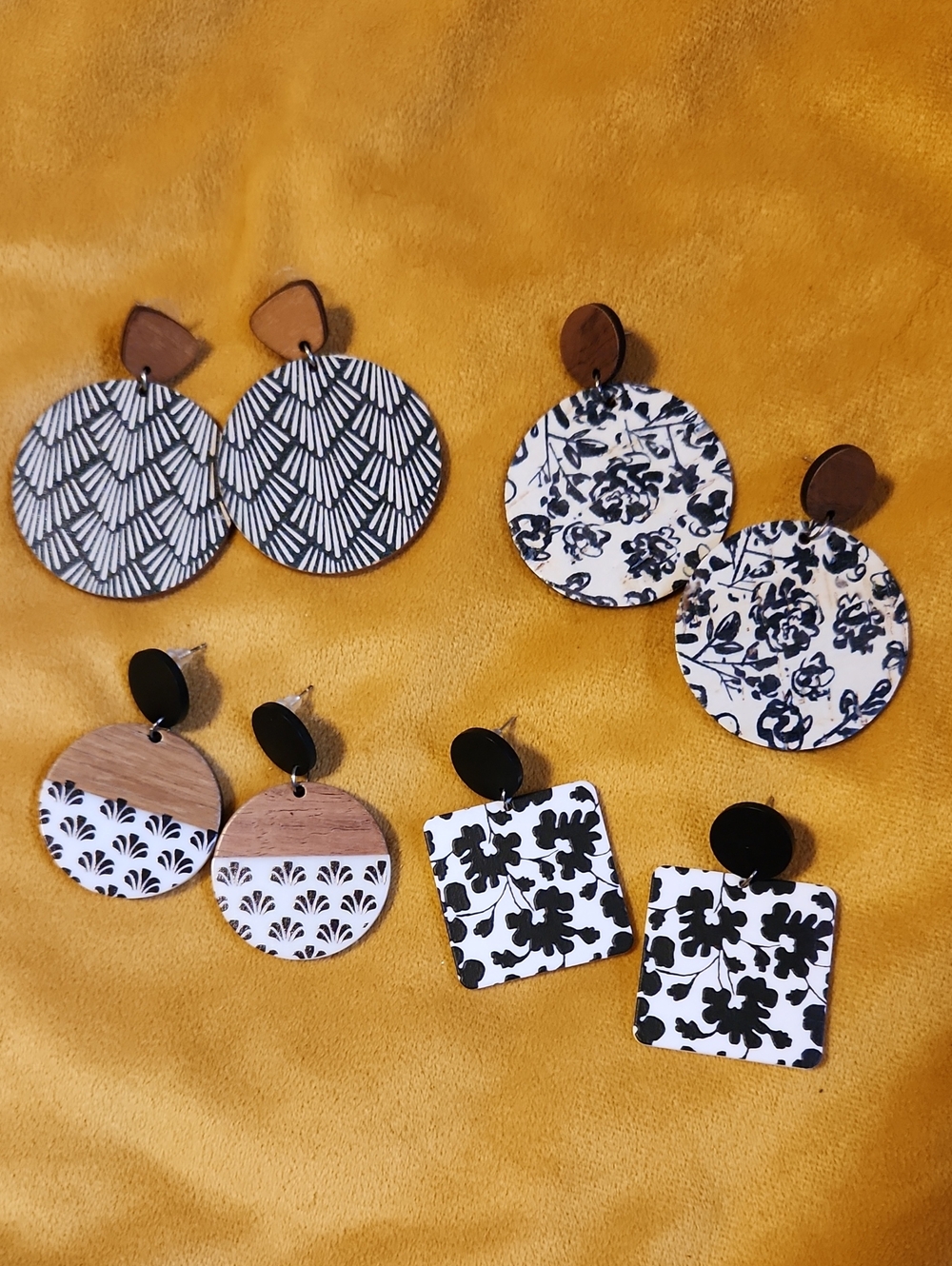 Handcrafted Black & White Patterned Wood Drop Earrings - Women Earring Set